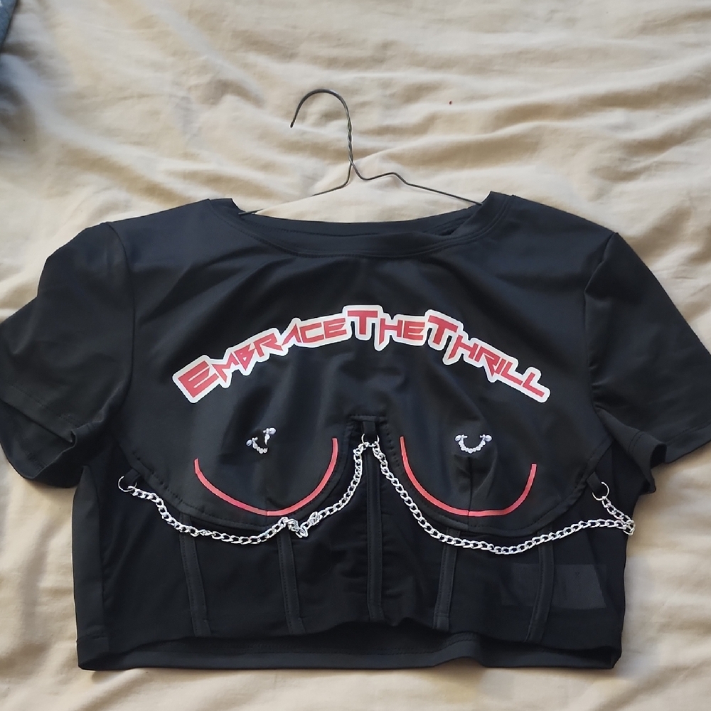 Black Graphic Crop Top with Chain Detail